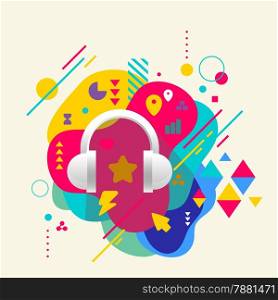 Headphones on abstract colorful spotted background with different elements. Flat design.