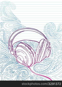 Headphones on lined paper with paisley elements.