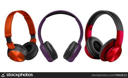 Headphones Wireless Electronic Gadget Set Vector. Headphones Audio Tool For Listening Dance Music Different Side. Bluetooth Accessory Device For Hearing Radio Template Realistic 3d Illustration. Headphones Wireless Electronic Gadget Set Vector