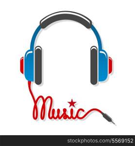 Headphones with cord and word music isolated vector illustration