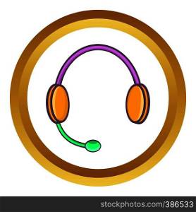 Headphones with microphone vector icon in golden circle, cartoon style isolated on white background. Headphones with microphone vector icon