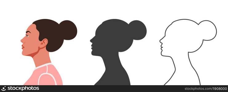 Heads in profile. Woman&rsquo;s face from the side. Silhouettes of people in three different styles. Face profile. Vector illustration.