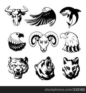 Heads of animals for logo or sport symbols. Grizzly, bear and eagle. Monochrome mascots illustrations for labels. Wolf, shark and ram. Big vector set of animals heads tattoo. Heads of animals for logo or sport symbols. Grizzly, bear and eagle. Monochrome mascots illustrations for labels. Wolf, shark and ram. Big vector set