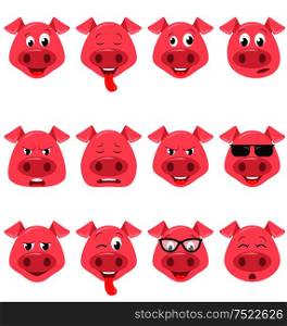 Heads of Cool Funny Pig Emoticon Characters, Happy, Cool, Angry, Tired Emotions. Set Avatars - Illustration Vector. Heads of Cool Funny Pig Emoticon Characters, Happy, Cool, Angry, Tired Emotions. Set Avatars