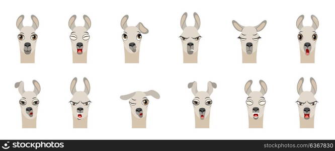 Heads of Lama with Different Emotions - Smiling, Sad, Anger, Aggression, Drowsiness, Fatigue, Malice, Surprise, Fear. Heads of Lama with Different Emotions - Smiling, Sad, Anger, Aggression, Drowsiness, Fatigue, Malice, Surprise Fear - Illustration Vector