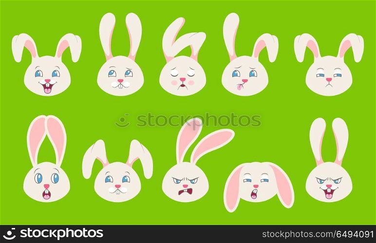 Heads of Rabbit with Different Emotions - Cheerful, Sad, Thoughtfulness, Funny, Drowsiness, Fatigue, Malice. Heads of Rabbit with Different Emotions - Cheerful, Sad, Thoughtfulness, Funny, Drowsiness, Fatigue, Malice - Illustration Vector