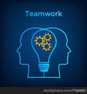 Heads silhouette lightbulb creative teamwork concept vector illustration. Blue human profile with bulb silhouette and orange cogwheel. Line head with technology background business team concept. Heads profile lightbulb creative teamwork concept