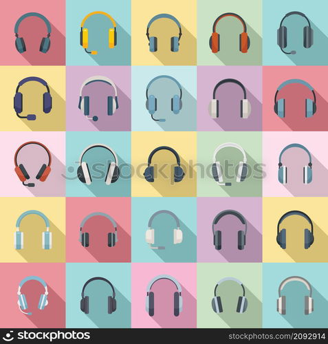 Headset icons set flat vector. Audio accessory. Cable cord headset. Headset icons set flat vector. Audio accessory