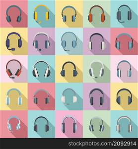 Headset icons set flat vector. Audio accessory. Cable cord headset. Headset icons set flat vector. Audio accessory