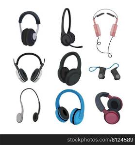 headset music headphone, sound earphone, dj audio speaker, ear head listen cartoon icons set vector illustrations. headset music cartoon icons set vector