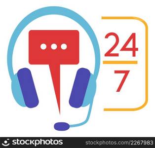 Headset with chat message sign. 24 hours hotline. Customer service icon isolated on white background. Headset with chat message sign. 24 hours hotline. Customer service icon