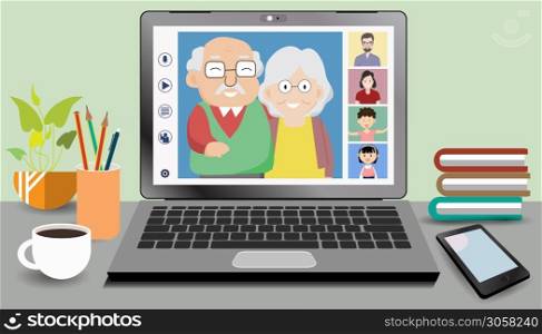 Headshot portraits webcam laptop screen old people videoconference application meeting. Multi-generational family is involved in group video call distant. Composition of pictures on the home desk.