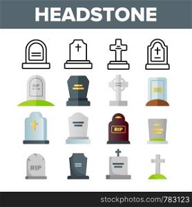 Headstone, Gravestone, Tombstone Vector Color Icons Set. Headstone, Granite Grave, Cross Linear Symbols Pack. Christian Burial Tradition. Cemetery, Graveyard Isolated Flat Illustrations. Headstone, Gravestone, Tombstone Vector Color Icons Set