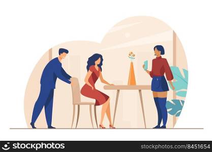 Headwaiter welcoming customer in cafe. Woman sitting down at table, waiter accepting order flat vector illustration. Restaurant, service concept for banner, website design or landing web page