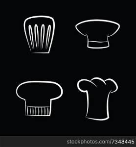 Headwear items of staff, bakery or cafe cooker caps, white sketches of emblems chef hat icons isolated on black background vector set on black. Headwear Items of Chef Staff, Bakery or Cafe Cooker