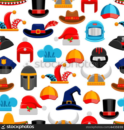 Headwear Seamless Pattern. Headwear seamless colorful pattern with different kinds of hats from various ages and styles vector illustration