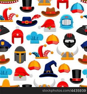 Headwear Seamless Pattern. Headwear seamless colorful pattern with different kinds of hats from various ages and styles vector illustration