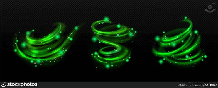 Heal self effect, green air, wind whirlwind flow with green medical cross. Glow vortex and swirls, healing power, fresh breath isolated on transparent background, Realistic 3d vector illustration. Heal self effect green air flow with medical cross