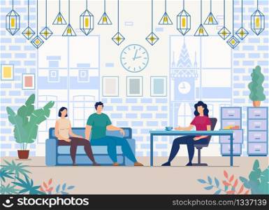 Healing Family Relations with Psychological Therapy Trendy Flat Vector Concept. Couple Visiting in Psychiatrist Office, Wife and Husband Talking with Psychologist About Their Problems Illustration