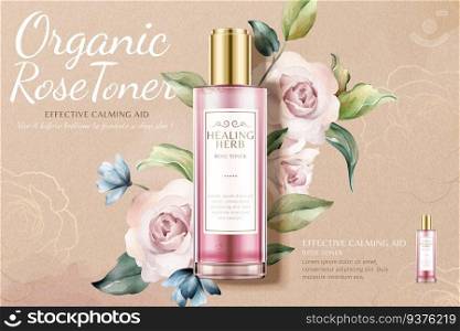 Healing herb rose toner ads laying on beautiful watercolor roses background in 3d illustration. Romantic rose toner ads