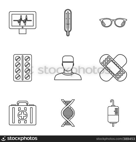 Healing icons set. Outline illustration of 9 healing vector icons for web. Healing icons set, outline style