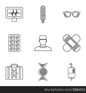 Healing icons set. Outline illustration of 9 healing vector icons for web. Healing icons set, outline style