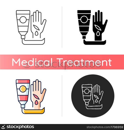 Healing ointment for cuts icon. Preventing wound infection. Fast healing. Minimizing scar appearance. Reducing dirt, bacteria spread. Linear black and RGB color styles. Isolated vector illustrations. Healing ointment for cuts icon