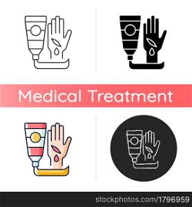 Healing ointment for cuts icon. Preventing wound infection. Fast healing. Minimizing scar appearance. Reducing dirt, bacteria spread. Linear black and RGB color styles. Isolated vector illustrations. Healing ointment for cuts icon