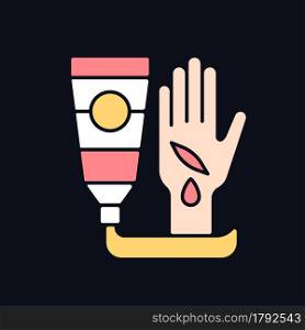Healing ointment for cuts RGB color icon for dark theme. Preventing wound infection. Reducing dirt spread. Isolated vector illustration on night mode background. Simple filled line drawing on black. Healing ointment for cuts RGB color icon for dark theme