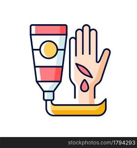 Healing ointment for cuts RGB color icon. Preventing wound infection. Fast healing. Minimizing scar appearance. Reducing dirt, bacteria spread. Isolated vector illustration. Simple filled line drawing. Healing ointment for cuts RGB color icon