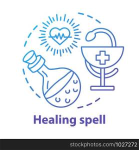 Healing spell concept icon. Witchcraft and alchemy idea thin line illustration. Occult medicine, homeopathy, health elixir. Snake with bowl, heart and magic potion vector isolated outline drawing