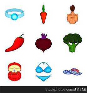 Healing vegetables icons set. Cartoon set of 9 healing vegetables vector icons for web isolated on white background. Healing vegetables icons set, cartoon style