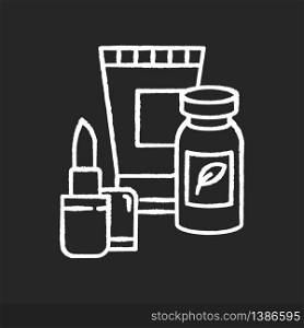 Health and beauty chalk white icon on black background. Woman healthcare. Skincare products. Diet herbal supplements. Red lipstick. Cosmetic in tube container. Isolated vector chalkboard illustration. Health and beauty chalk white icon on black background