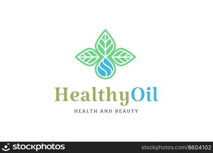 health and beauty logo with leaf shape and oil or liquid drop