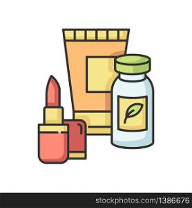 Health and beauty RGB color icon. Woman healthcare. Skincare products. Diet herbal supplements. Red lipstick. Cosmetic in tube container. Pharmaceutical vitamins. Isolated vector illustration. Health and beauty RGB color icon