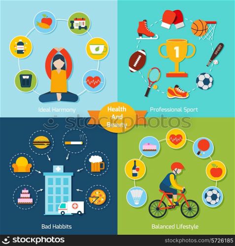 Health and beauty set with ideal harmony professional sport bad habits balanced lifestyle icons flat isolated vector illustration