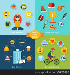Health and beauty set with ideal harmony professional sport bad habits balanced lifestyle icons flat isolated vector illustration