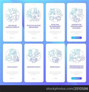 Health and business unity blue gradient onboarding mobile app screen set. Walkthrough 4 steps graphic instructions pages with linear concepts. UI, UX, GUI template. Myriad Pro-Bold, Regular fonts used. Health and business unity blue gradient onboarding mobile app screen set