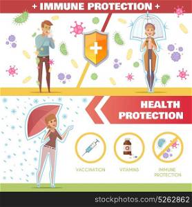 Health And Immune Protection Horizontal Banners. Health and immune protection horizontal banners with umbrella as symbol of vaccination and vitamins help flat vector illustration