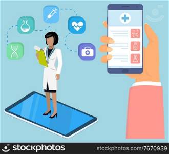 Health and medical consultation application on smartphone. Online medical consultation with doctor and medical app, healthcare and technology concept. Medical app on smartphone screen. Mobile medicine. Online medical consultation with doctor and medical application. Medical app on smartphone screen