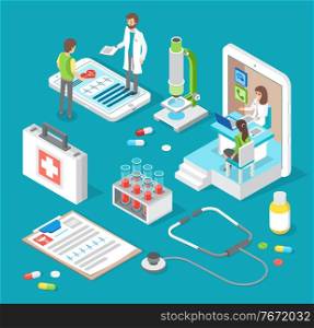 Health and medical consultation application. Online medical consultation with doctor and medical workers, healthcare and modern technology concept. Patient consulting a doctor using a mobile app. Online medical consultation with doctor and medical application concept. Patient consulting a doctor
