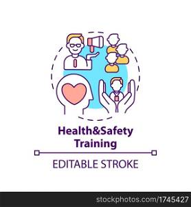 Health and safety training concept icon. Employee adaptation program elements. Do sports activities on workplace thin line illustration. Vector isolated outline RGB color drawing. Editable stroke. Health and safety training concept icon