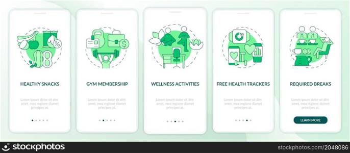 Health and wellbeing perks onboarding mobile app page screen. Required breaks walkthrough 5 steps graphic instructions with linear concepts. UI, UX, GUI template. Myriad Pro-Bold, Regular fonts used. Health and wellbeing perks onboarding mobile app page screen