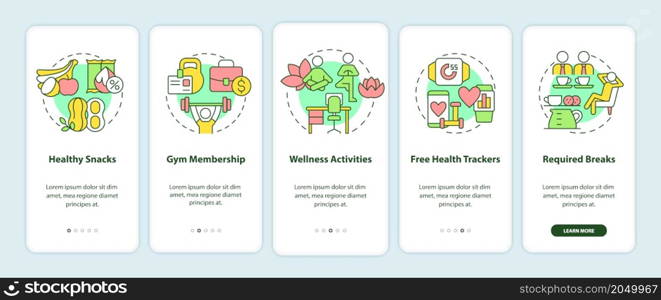 Health and wellness perks onboarding mobile app page screen. Healthy snacks walkthrough 5 steps graphic instructions with linear concepts. UI, UX, GUI template. Myriad Pro-Bold, Regular fonts used. Health and wellness perks onboarding mobile app page screen