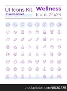 Health and wellness pixel perfect gradient linear ui icons set. Physical wellbeing. Line contour user interface symbols. Vector isolated outline illustrations. Montserrat Bold, Light fonts used. Health and wellness pixel perfect gradient linear ui icons set