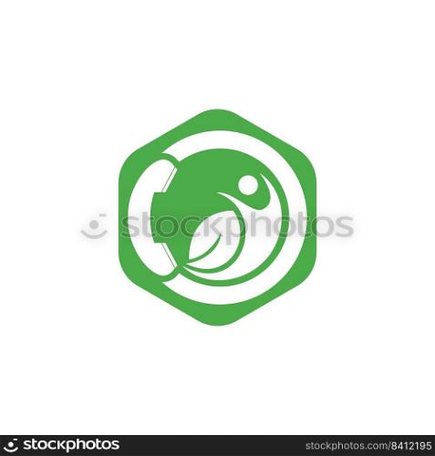 Health call vector logo design. Human and leaf with handset icon logo. 