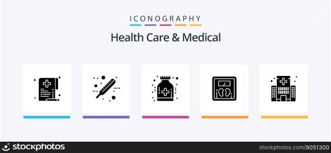 Health Care And Medical Glyph 5 Icon Pack Including building. weight. test. scale. hospital. Creative Icons Design