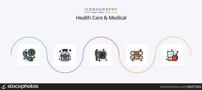 Health Care And Medical Line Filled Flat 5 Icon Pack Including apple. bandage. board. band. hospital