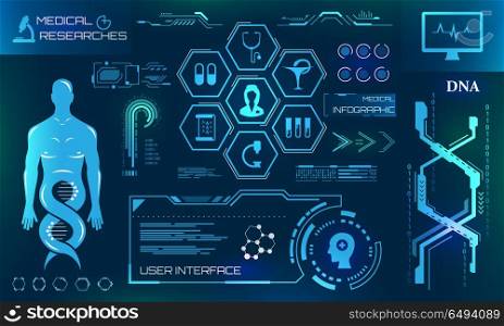 Health Care and Medical Researches, HUD Elements. Futuristic Diagnostic Panel. Health Care and Medical Researches, HUD Elements. Futuristic Diagnostic Panel. Medicine and Chemical Engineering - Illustration Vector