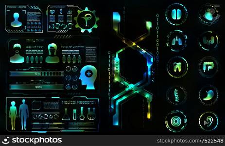Health Care and Medical Researches, HUD Elements. Futuristic Diagnostic Panel. Medicine and Chemical Engineering - Illustration Vector. Health Care and Medical Researches, HUD Elements. Futuristic Diagnostic Panel. Medicine and Chemical Engineering